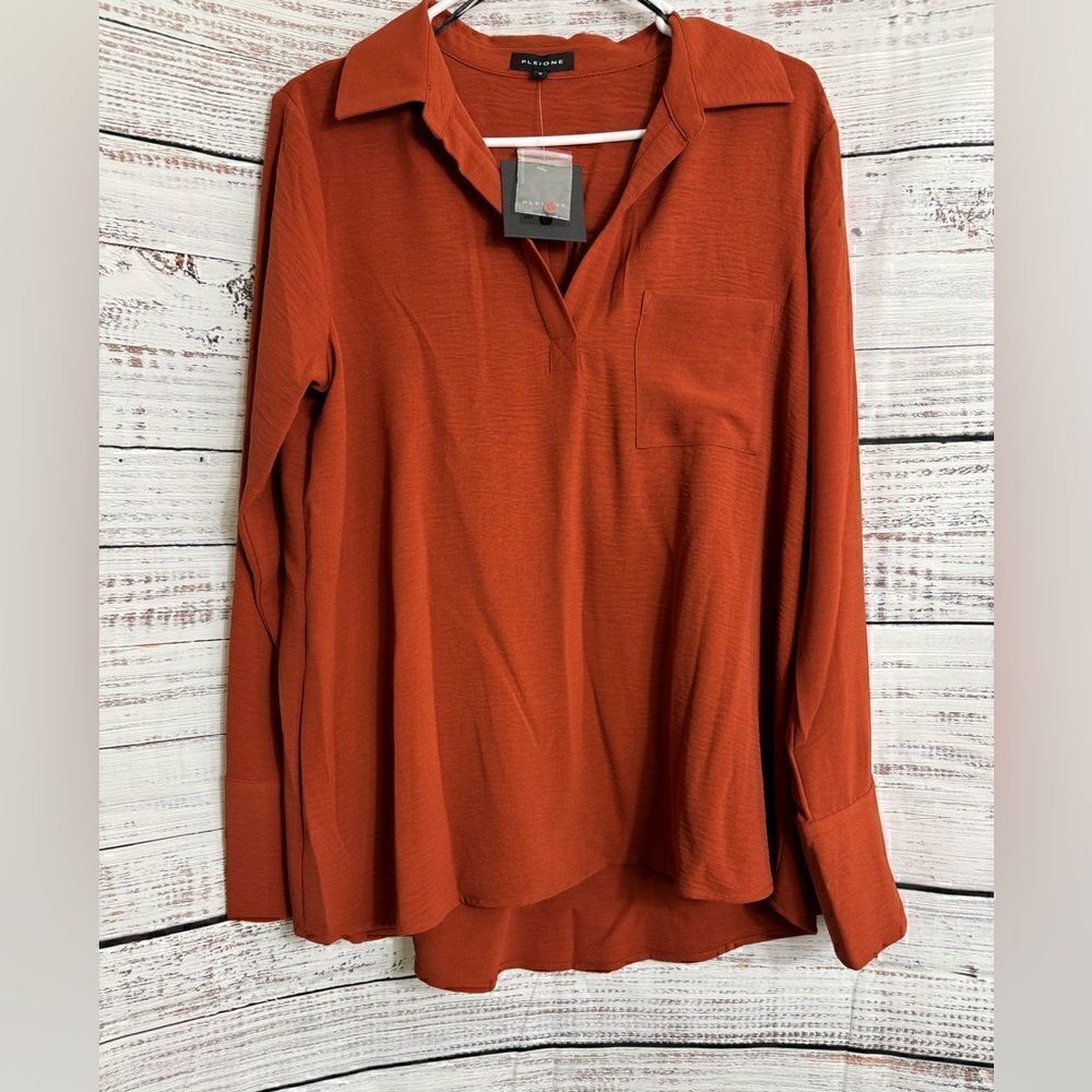 Pleione Blouse Womens size Medium popover‎ chiffon Bronze Rustic long sleeve Top